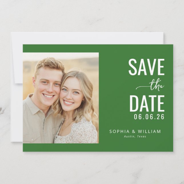 Joyful Green Contemporary Photo Save The Date (Front)