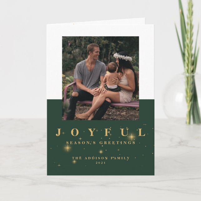 Joyful Green & Gold Photo Christmas Holiday Card (Front)
