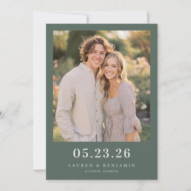 Joyful Green Romantic Photo Save The Date (Front)