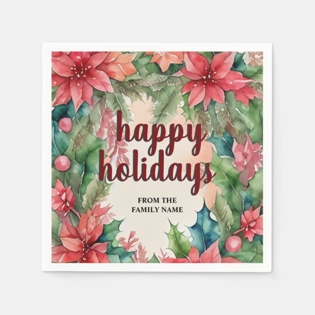 Joyful Green Wreath & Red Poinsettia Holiday Napkin (Front)