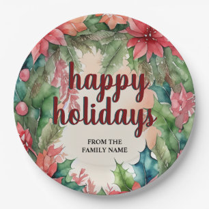 Joyful Green Wreath & Red Poinsettia Holiday Paper Plate