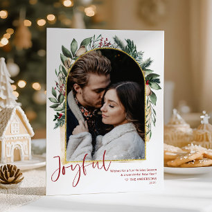 Joyful Greenery Gold Arch & Snow Overlay 1 Photo Holiday Card