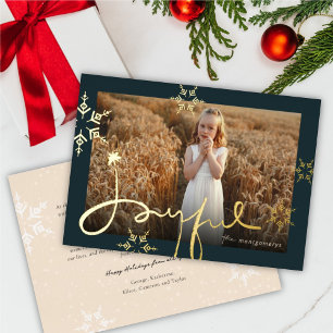 Joyful Hand-Drawn Script Geometric Snowflake Photo Foil Holiday Card