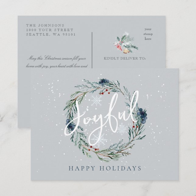 Joyful Happy Holidays Winter Wreath Snow Christmas Postcard (Front/Back)