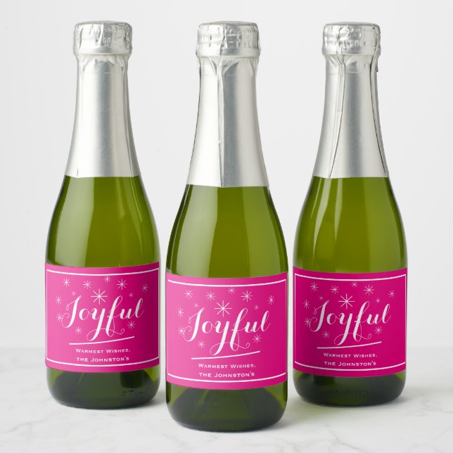 Joyful Holiday Gift Script Name Hot Pink Mini     Sparkling Wine Label (Bottles)
