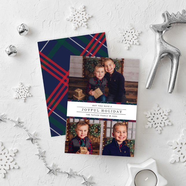 Joyful Holiday Tartan Plaid Photo Collage  Card (Creator Uploaded)