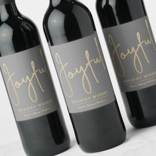JOYFUL Holiday Wishes Gold Faux Foil Grey Wine Label