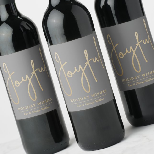 JOYFUL Holiday Wishes Gold Faux Foil Grey Wine Label (Creator Uploaded)