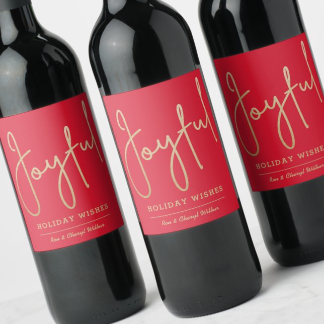 JOYFUL Holiday Wishes Gold Faux Foil Red Wine Label (Creator Uploaded)