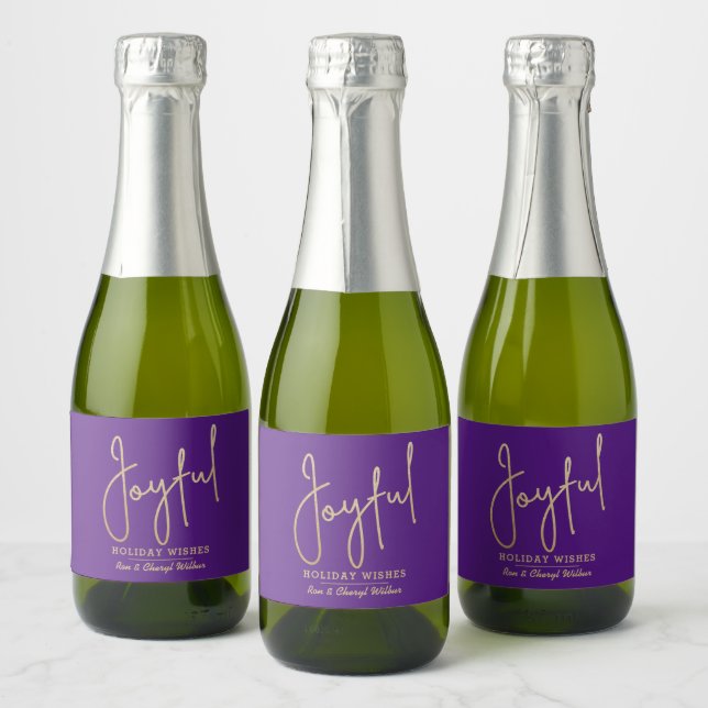 JOYFUL Holiday Wishes Gold on Purple Sparkling Wine Label (Bottles)