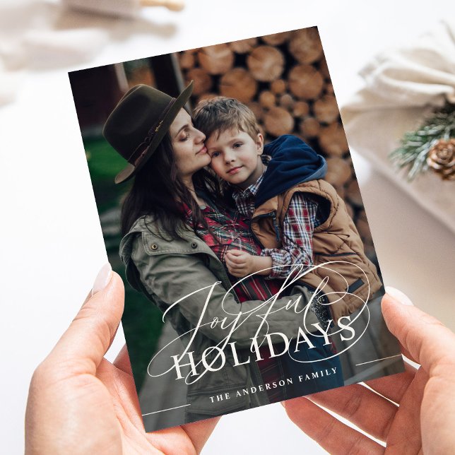 Joyful Holidays | Elegant Script Photo Dark Blue Holiday Card (Creator Uploaded)