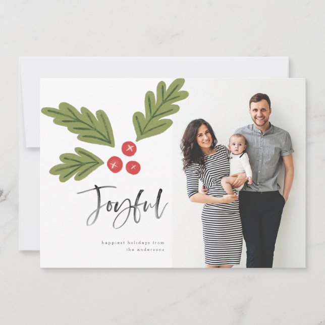 Joyful Holly Berry Modern Bold Holiday White Photo (Front)