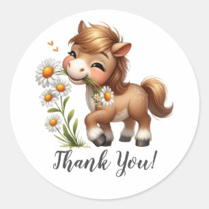 Joyful Horse Holding Blooms Thank You Classic Round Sticker