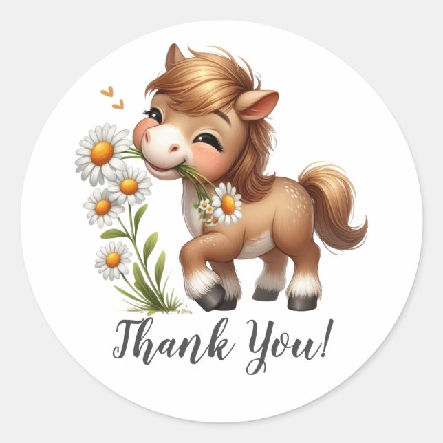 Joyful Horse Holding Blooms Thank You Classic Round Sticker (Front)