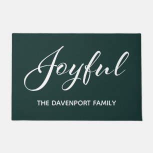 Joyful Hunter Green and White Script Holiday Doormat