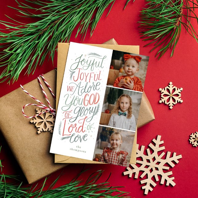 Joyful Joyful Christian Christmas Three Photo Card (Creator Uploaded)
