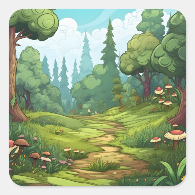 Joyful Jungle Cartoon Fantasy Square Sticker (Front)