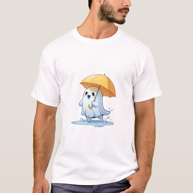 Joyful Kawaii Ghost Splashing in Puddles T-Shirt (Front)