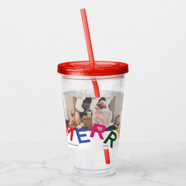Joyful Lettering Holiday Photo Collage Acrylic Tumbler (Left)