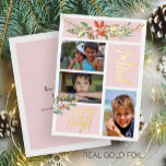 Joyful Merry and Bright Christmas photo blush gold Foil Holiday Card<br><div class="desc">Modern trendy blush pink 3 photo collage luxury gold foil holiday card featuring a Christmas seasonal watercolor flowers bouquet with a red brick terracotta poinsettia flower, a pinecone, sage hunter green fir boughs, red berries, and foliage with "Joyful" "Merry and Bright" trendy calligraphy hand-lettered script. Personalise it with three of...</div>