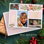 Joyful Merry and Bright photo collage gold blush Foil Holiday Card<br><div class="desc">Modern trendy boho blush pink photo collage luxury gold foil holiday card featuring a Christmas seasonal watercolor floral bouquet with a red brick terracotta poinsettia flower, a pinecone, sage hunter green fir boughs and foliage with "Joyful" "Merry and Bright" hand lettered typography script. Personalise it with 3 of your photos...</div>