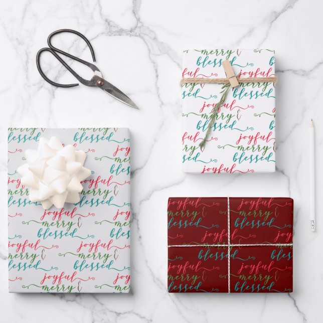 Joyful Merry Blessed Modern Trio Wrapping Paper Sheet (Front)