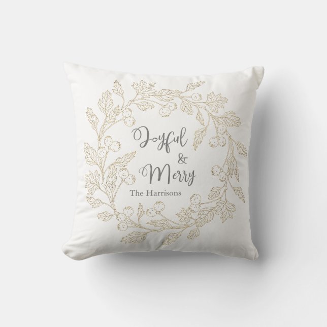 Joyful Merry Gold Winter Berries Wreath Christmas Cushion (Front)