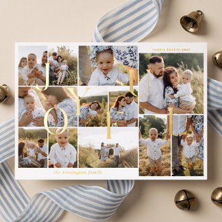 Joyful Minimal Elegant 12 Photo Collage Christmas Foil Holiday Card