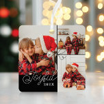 Joyful Minimal Photo Collage Present Ribbon Black Metal Tree Decoration<br><div class="desc">A beautiful minimal photo collage Christmas ornament. Customise with three of your favourite family photos. Joyful is written in a modern script font along with the year and names on the back. The perfect gift to give to your family this holiday season. Designed by Moodthology papery</div>