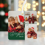 Joyful Minimal Photo Collage Present Ribbon Green Metal Tree Decoration<br><div class="desc">A beautiful minimal photo collage Christmas ornament. Customise with three of your favourite family photos. Joyful is written in a modern script font along with the year and names on the back. The perfect gift to give to your family this holiday season. Designed by Moodthology papery</div>