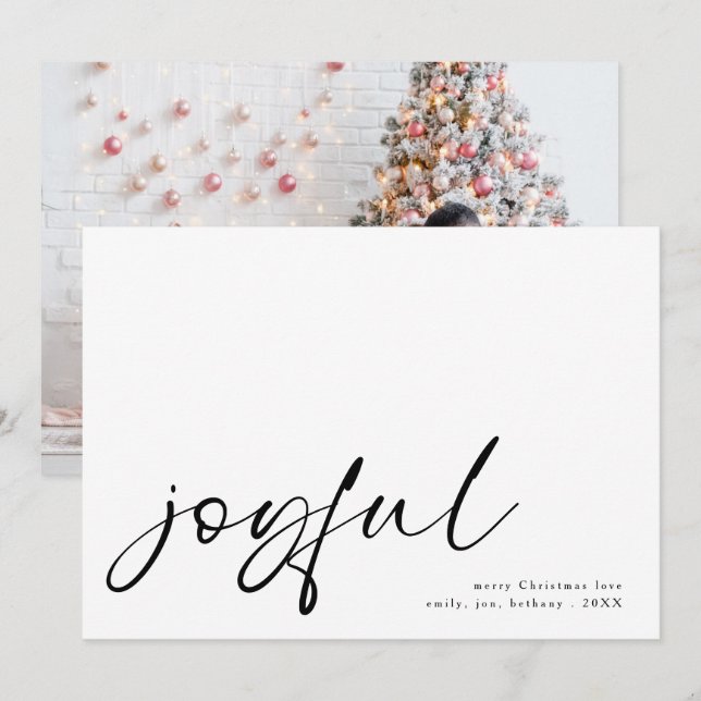 Joyful Minimalist Calligraphy Photo Christmas  Holiday Card (Front/Back)