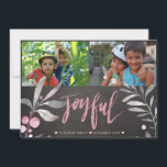 Joyful Mistletoe 2 Photo Collage Chalkboard Holiday Card<br><div class="desc">Dark grey charcoal chalkboard,  light grey and blush pink foliage mistletoe,  and a "Joyful" hand lettering chic calligraphy making a modern rustic inspired Christmas photo collage card.            Personalise it with two custom landscape orientated photos and your signature!</div>
