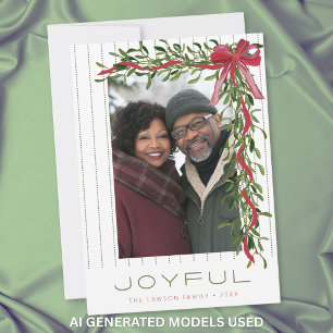 Joyful Mistletoe Photo Greenery Bow Christmas Holiday Card