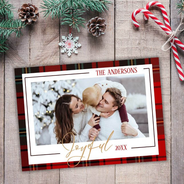 Joyful modern 1 family photo christmas red plaid holiday card (Creator Uploaded)