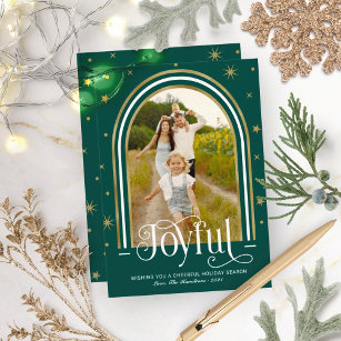 Joyful Modern Arch Frame Family Photo Green Holiday Card