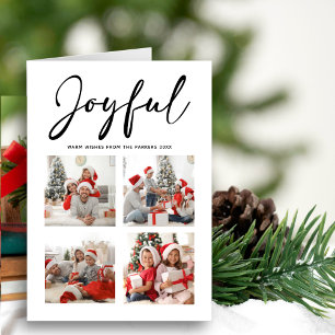 JOYFUL Modern Black Script Simple Photo Collage Holiday Card