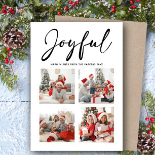 JOYFUL Modern Black Script Simple Photo Collage Holiday Card
