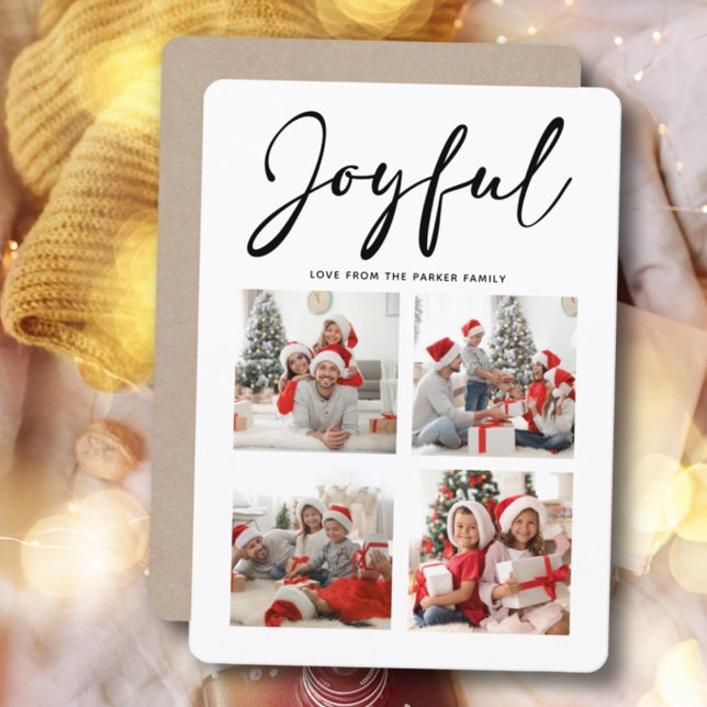 JOYFUL Modern Black Script Simple Photo Collage Holiday Card (Creator Uploaded)