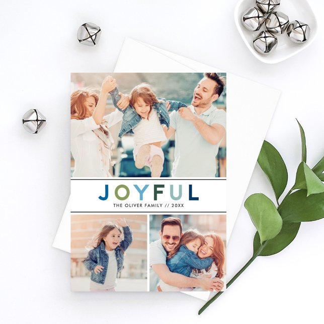 Joyful Modern Blue Green Lettering Photo Collage Holiday Card (Creator Uploaded)