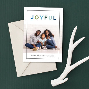 Joyful Modern Blue Green Lettering Photo Holiday Card