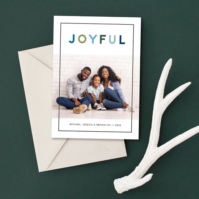 Joyful Modern Blue Green Lettering Photo Holiday Card (Creator Uploaded)