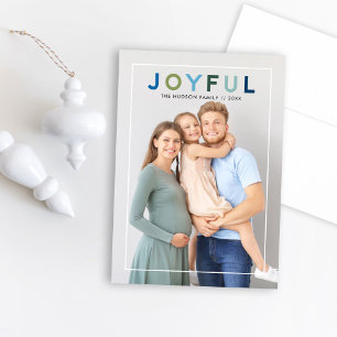 Joyful Modern Blue Green Lettering Photo Holiday Card