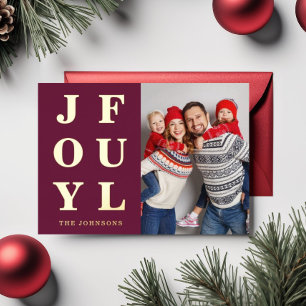 Joyful Modern Burgundy Photo Christmas Gold Foil Holiday Card