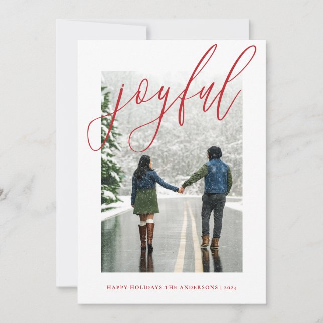Joyful Modern Christmas Handwritten Script Photo H Holiday Card (Front)
