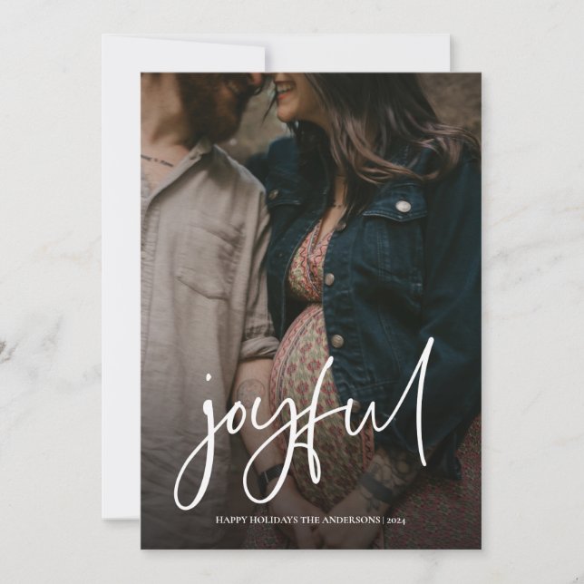 Joyful Modern Christmas Handwritten Script Photo Holiday Card (Front)