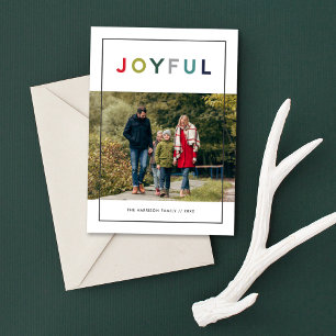 Joyful Modern Colourful Red Green Lettering Photo Holiday Card