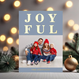 Joyful Modern Dusty Blue Photo Christmas Gold Foil Holiday Card