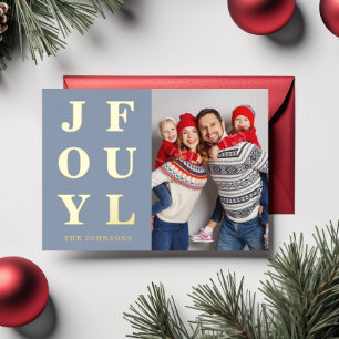 Joyful Modern Dusty Blue Photo Christmas Gold Foil Holiday Card