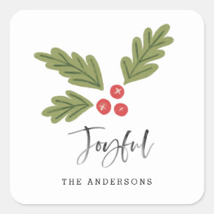 Joyful Modern Fun Holiday Berry Christmas Name Square Sticker