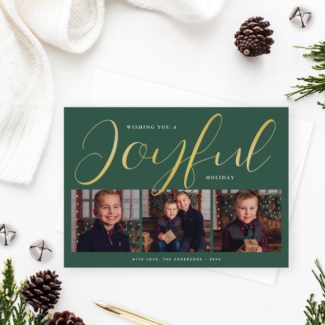 Joyful Modern Green and Gold Script Photo Collage Foil Holiday Card (Creator Uploaded)